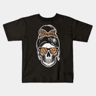 Skull With Messy Bun Wearing Leopard Print Shades and Scrunchie Kids T-Shirt